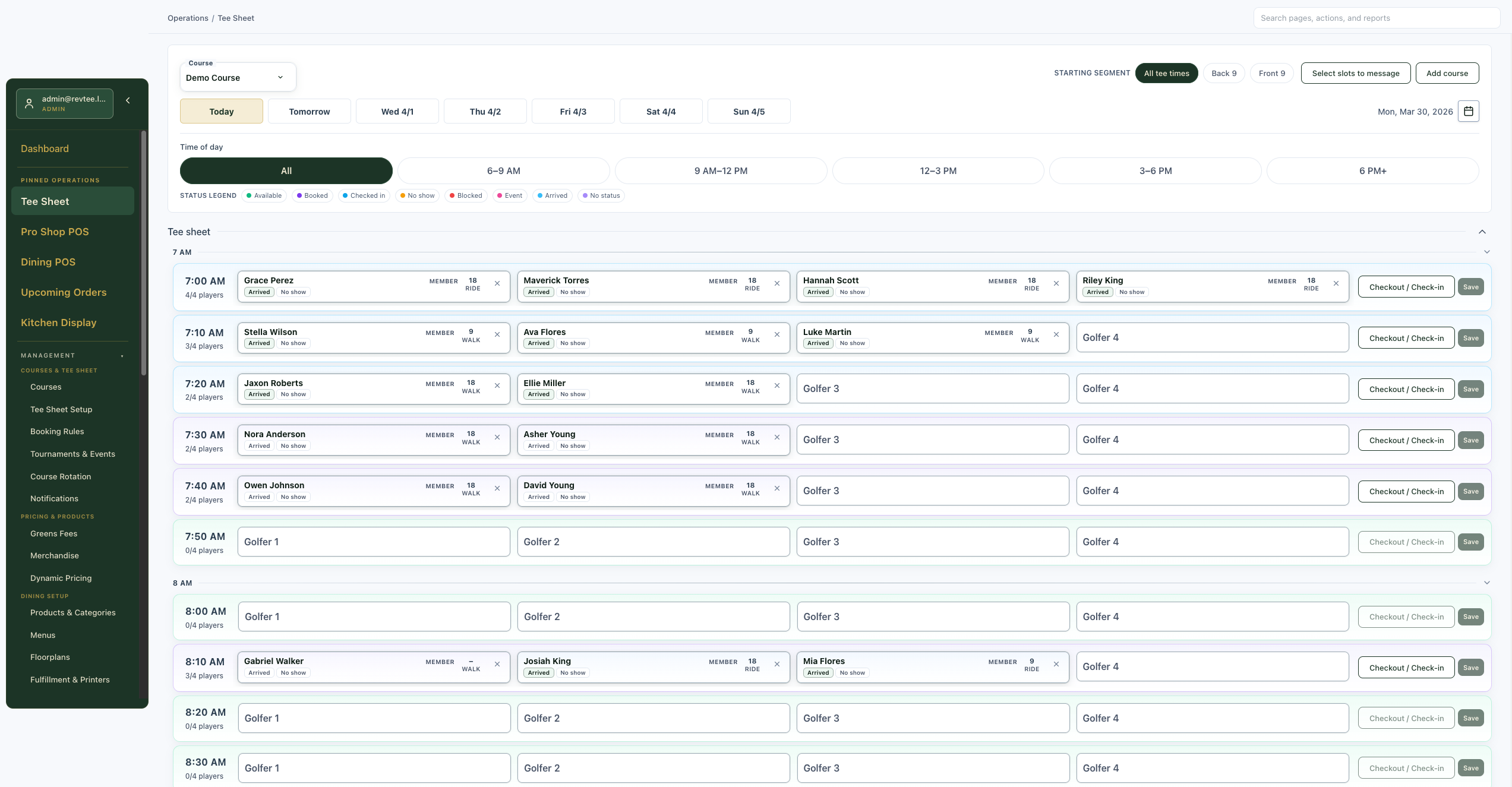 RevTee tee sheet view preview